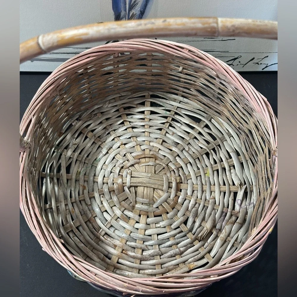Large winter basket painted with pink purple blue